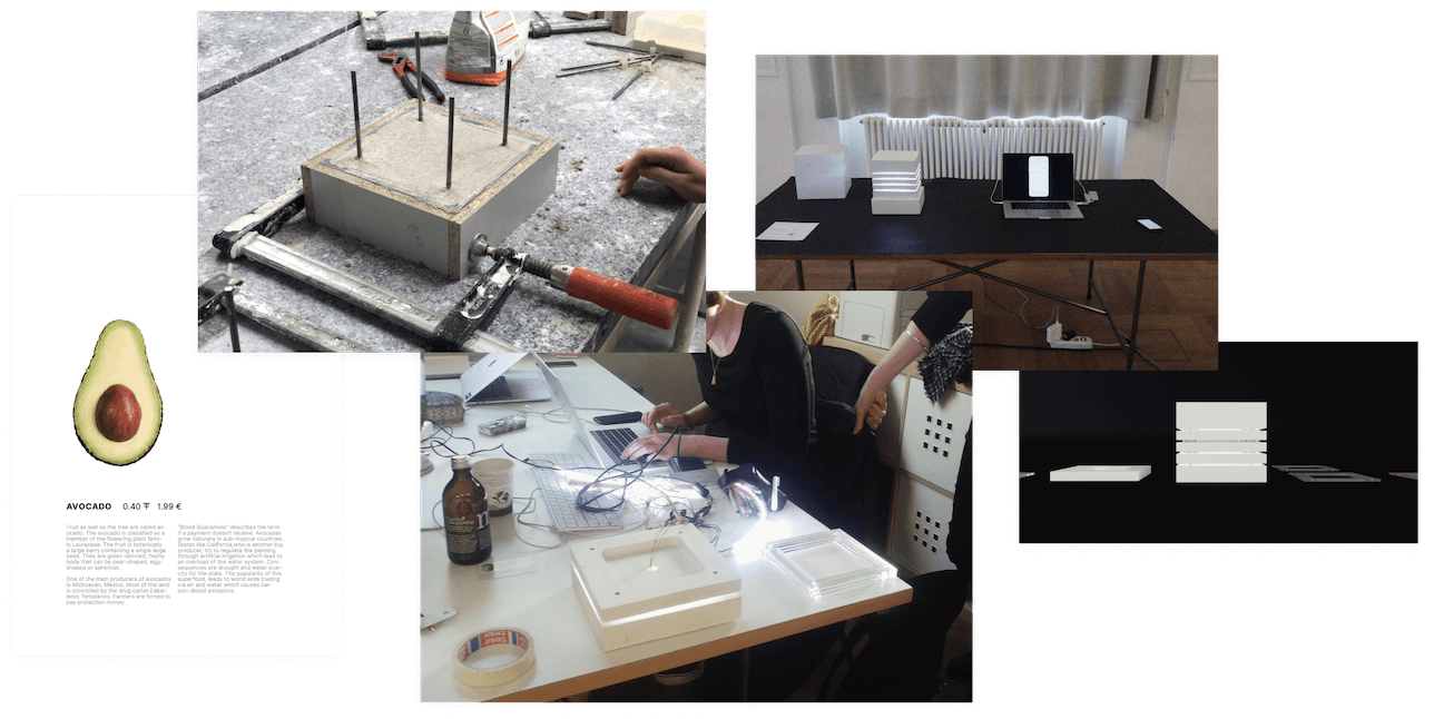 Collage of pictures showing the prototyping process and parts of the exhibition design