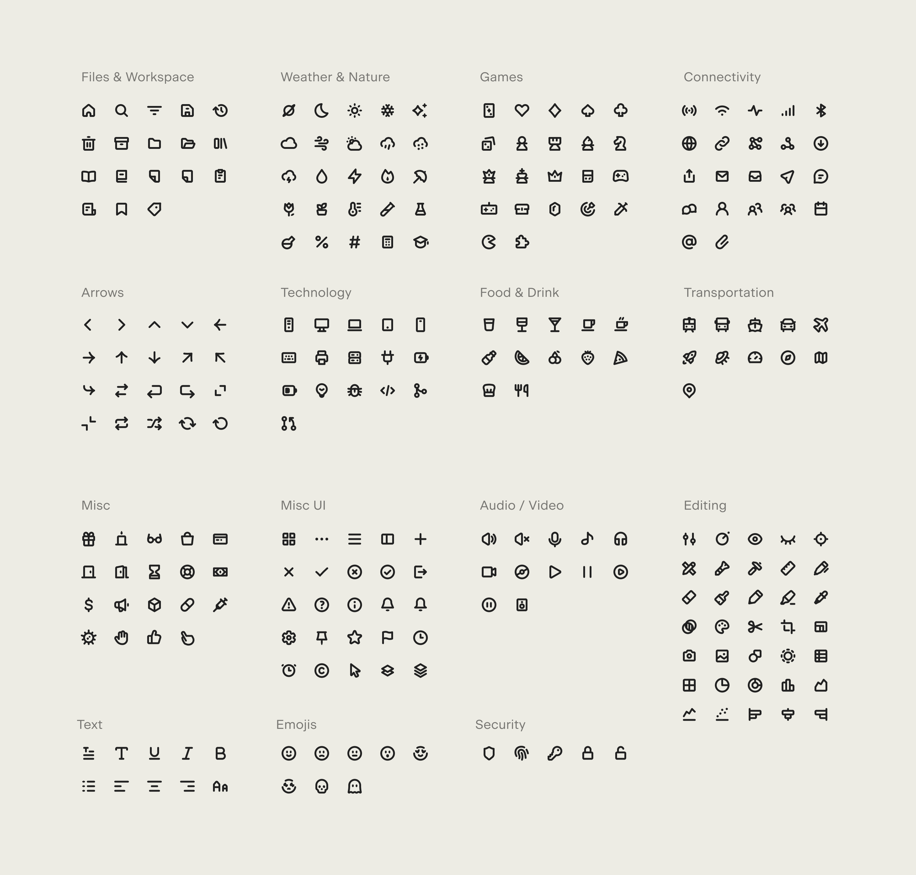 All 260 icons of the icon set, sorted by category e.g. Files & Workspace, Weather, Games, Arrows, Editing, Transportation, or Connectivity