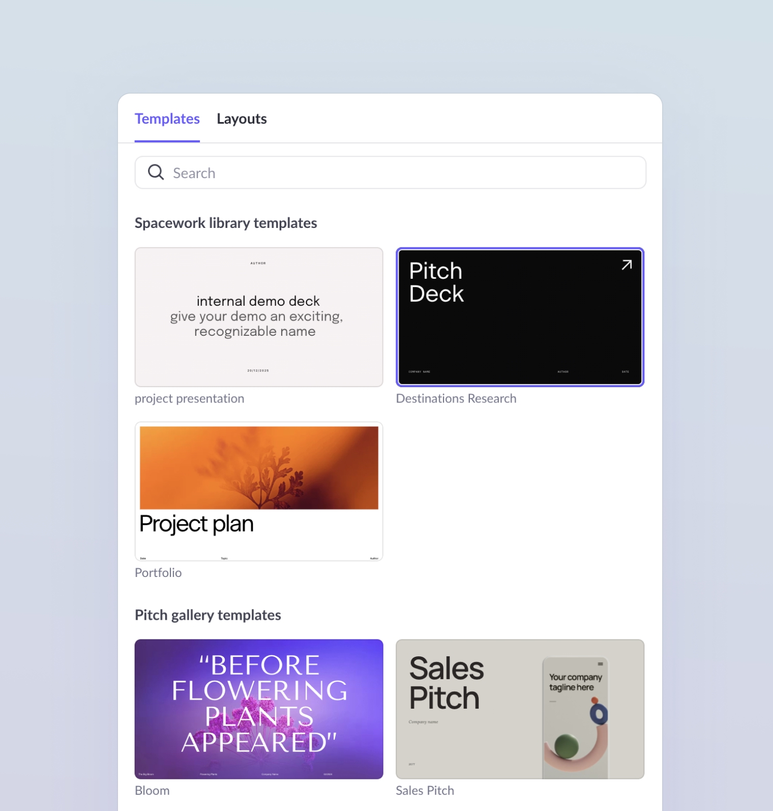 Screenshot of third section of the slide picker: All templates (including Company templates and Pitch Gallery templates.)