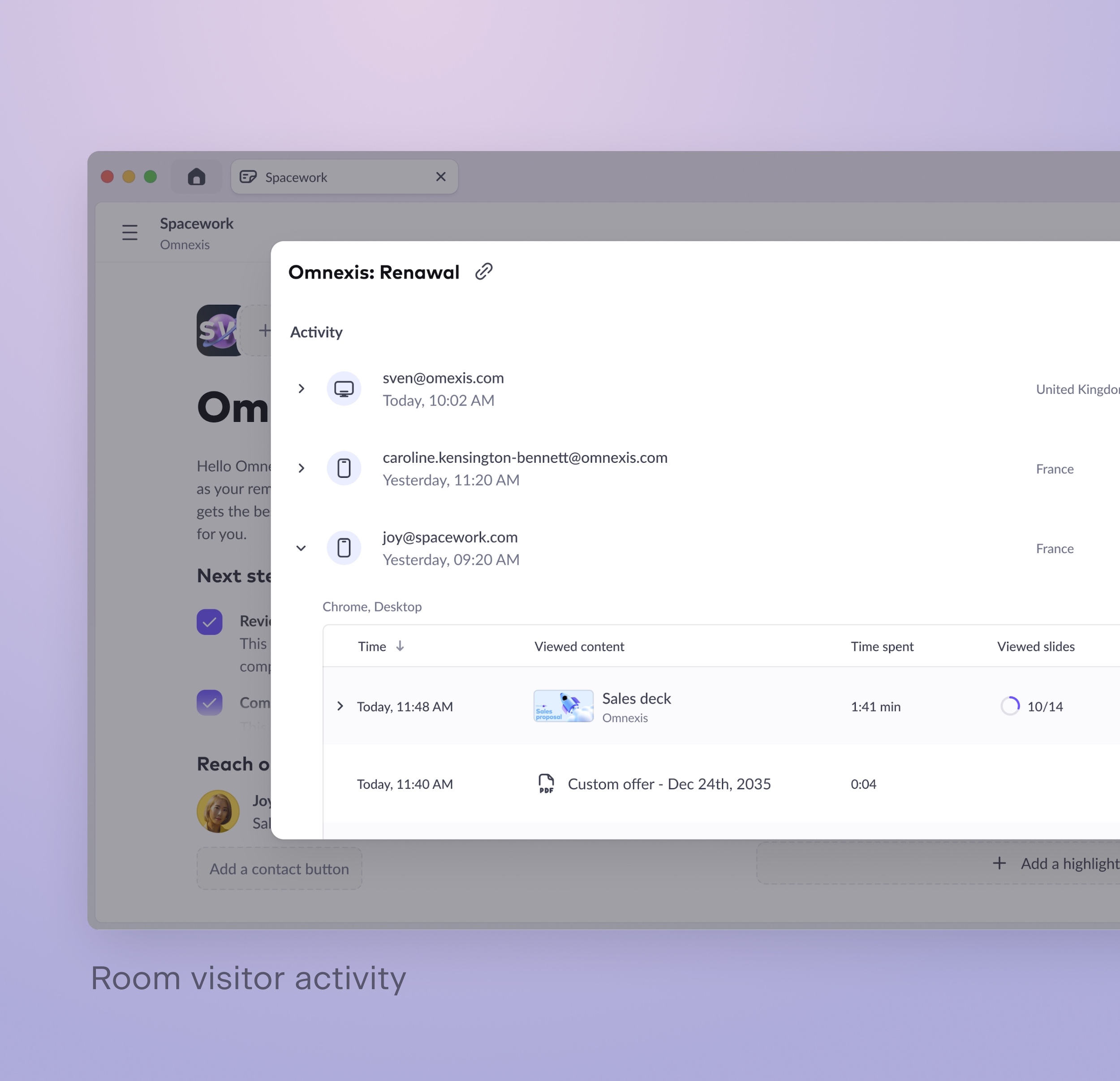 A UI mock-up of a popover which lists visitors that opened an external link to a Pitch room and shows which room contents they viewed.