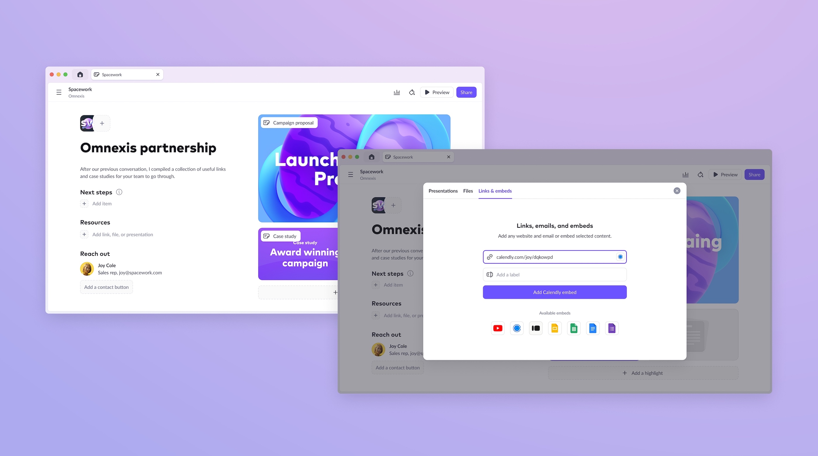 Two screenshots, one showcasing an emptry room with editing options, the other a popover for adding links and embeds to a room.