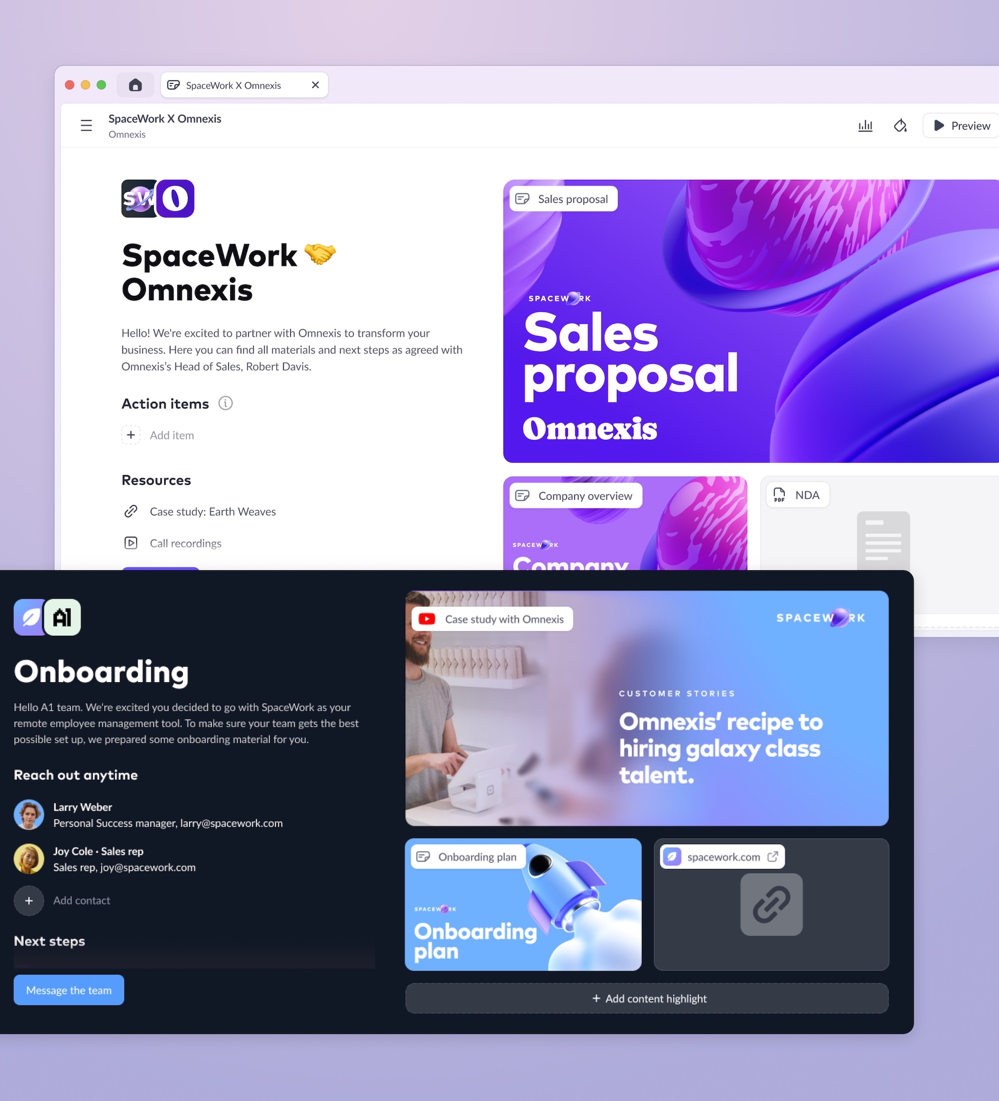 Mock-ups of two Pitch rooms adjusted to match different brands: One room includes an Sales deck, NDA and other content that might be shared as part of a deal, the other shows an Onboarding room with relevant material.